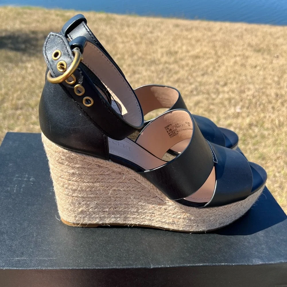 Coach Black Leather Espadrille Wedge Sandals